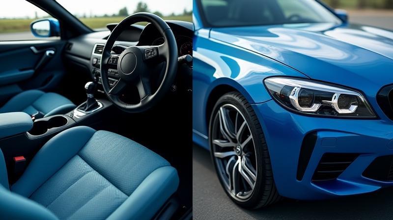 Detailed view of a car interior and exterior showcasing a full detailing service results