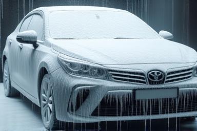 Exterior car wash in progress with foam and water